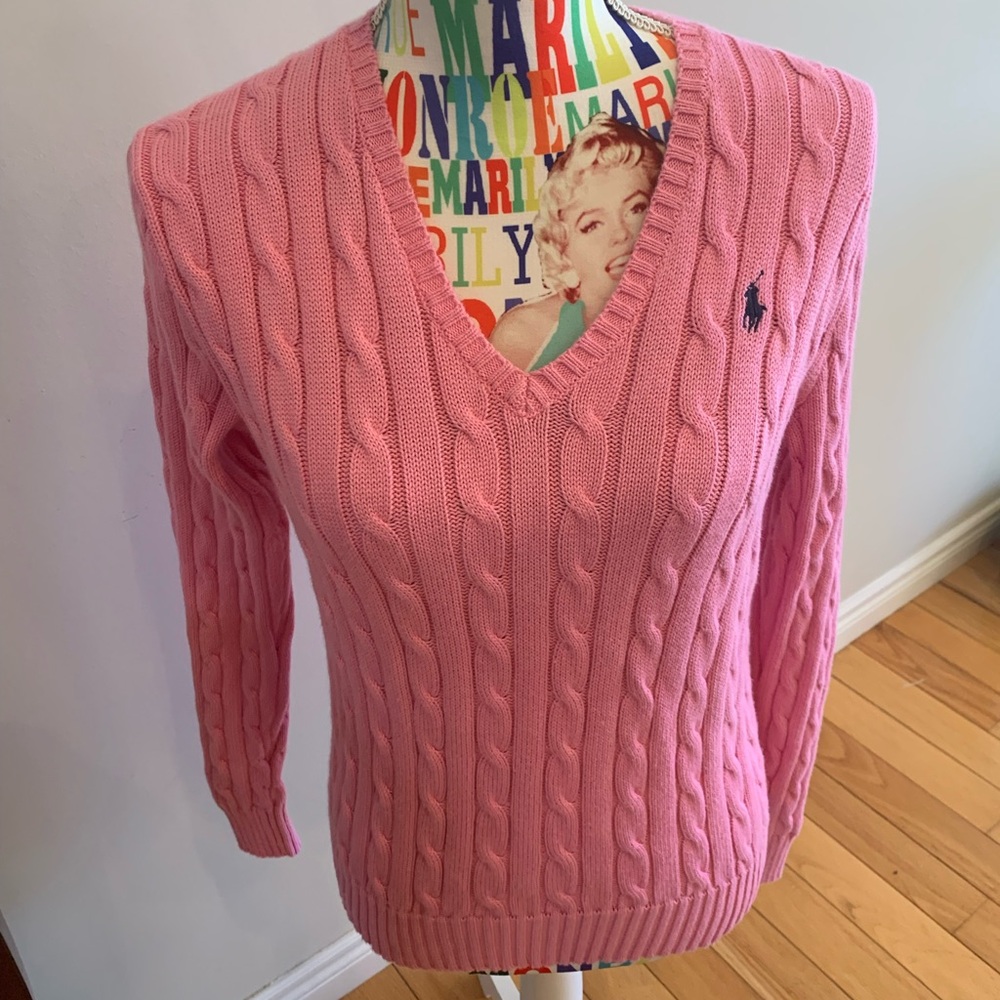 NWOT Polo Ralph Lauren Pink Cable-Knit V-Neck Sweater 100% Cotton